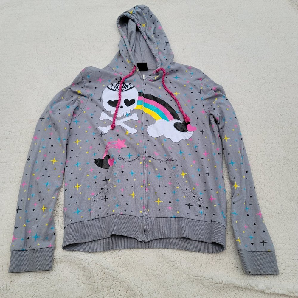 Perez Hilton Hoodie 2008 HARD TO FIND RARE! Skull & Crossbones Rainbow Stars Y2K